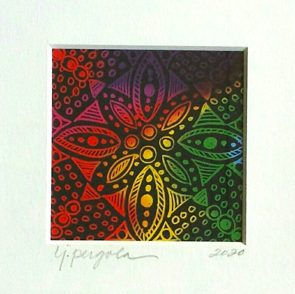 Hand Crafted Framed Original Scratchboard Folk Art Drawing 'Rainbow Star Flower' - Picture 2 of 4